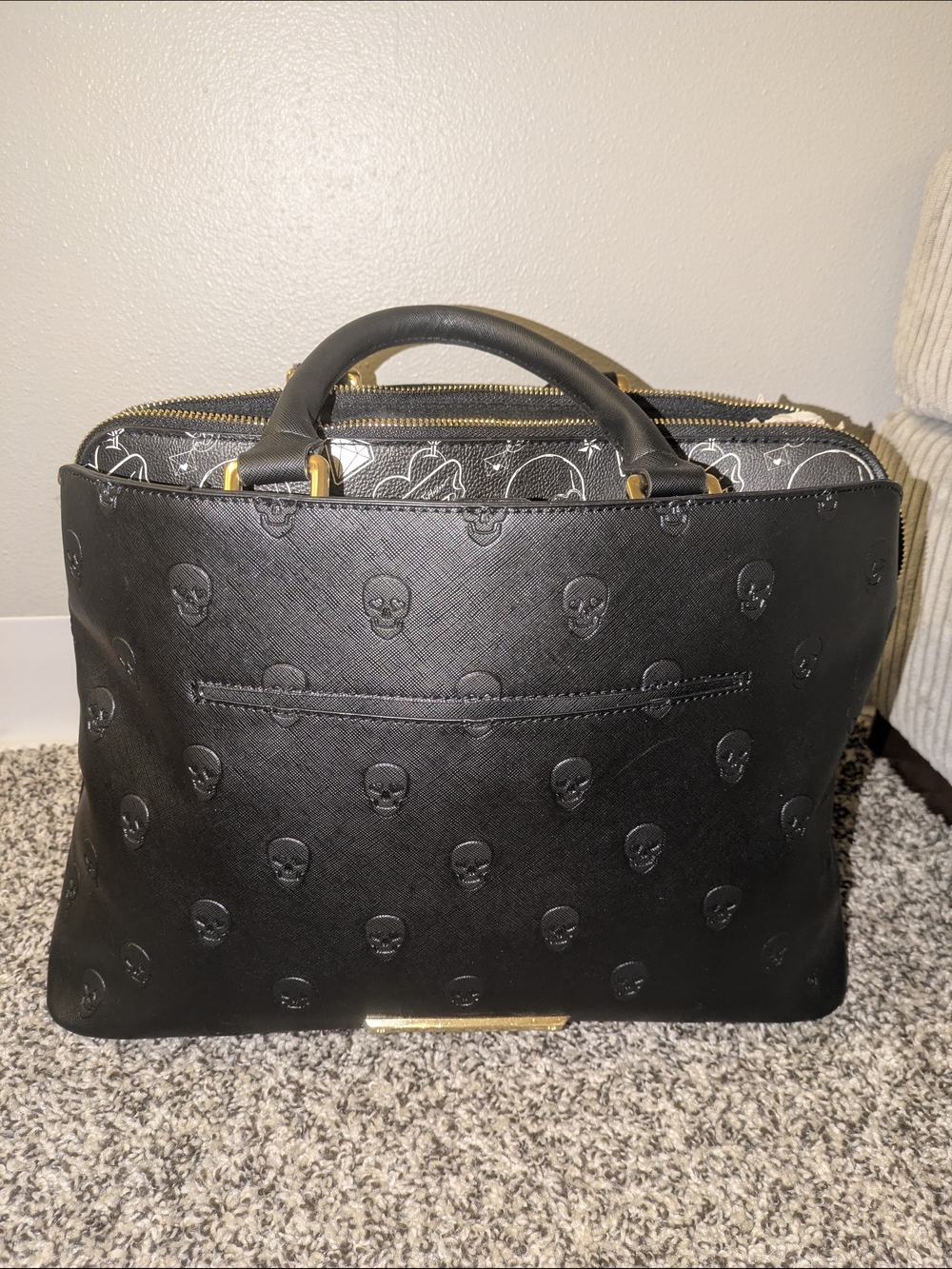 Betsey Johnson Black Skull Tote Bag With Brass/Gold Hardware